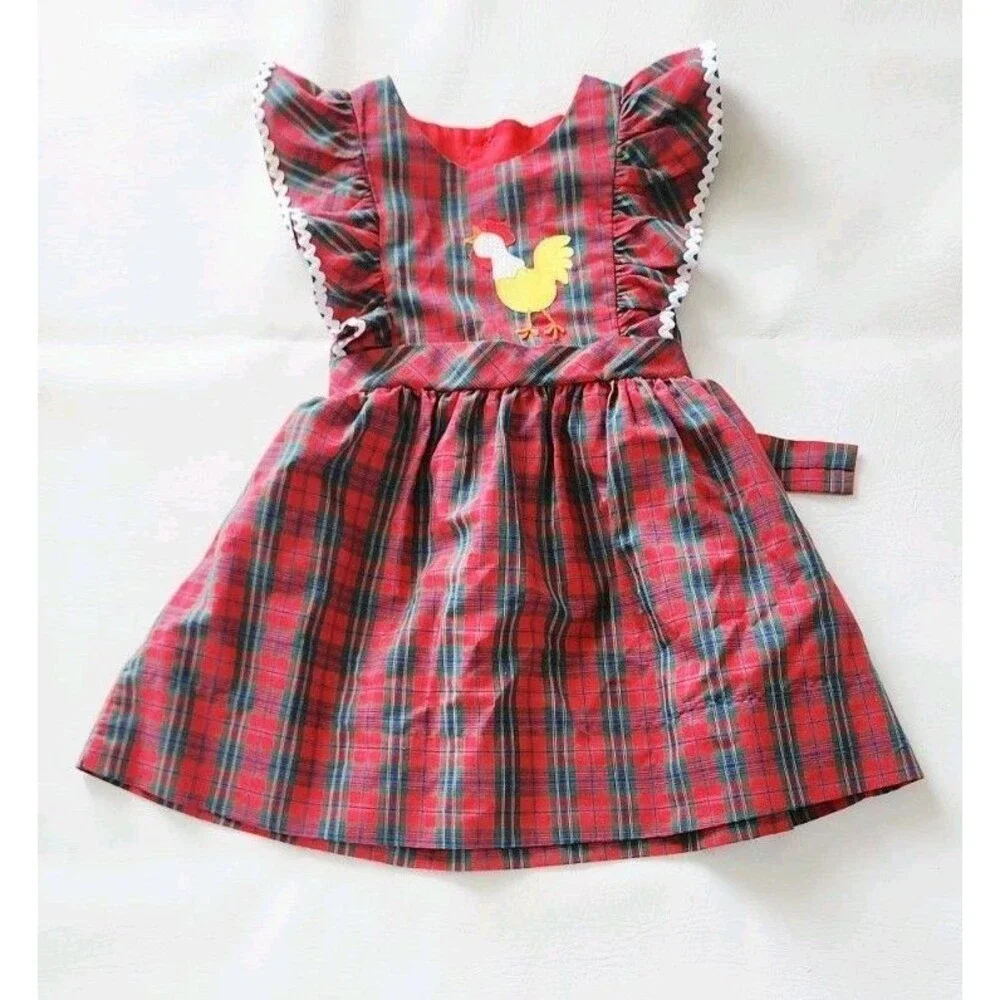 Vintage CHOCOLATE SOUP Farm Rooster Plaid Girls Red Dress Clothes - Sz 4